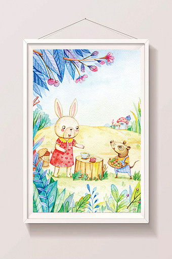 水彩手绘春天动物野餐插画图片