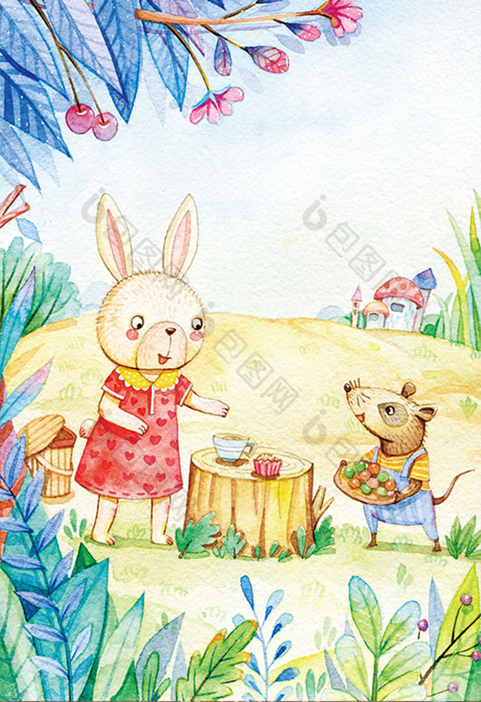 水彩手绘春天动物野餐插画