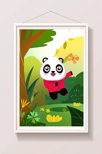 原创卡通熊猫春天出行旅游欢乐插画图片