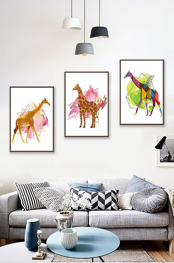 现代风水彩长颈鹿无框装饰画图片