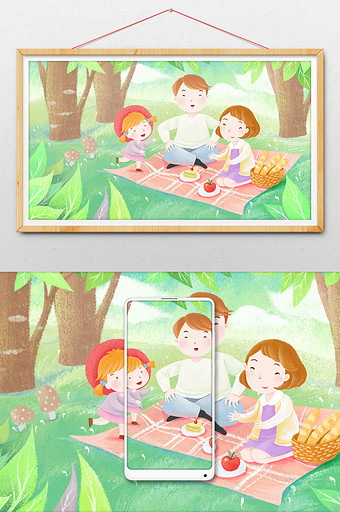 绿色可爱温馨家庭春游插画图片