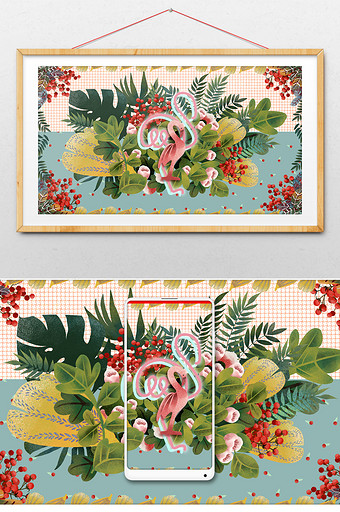 粉色清新火烈鸟热带植物INS风格插画图片