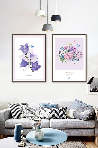 清新鲜花植物北欧插画两联装饰画图片