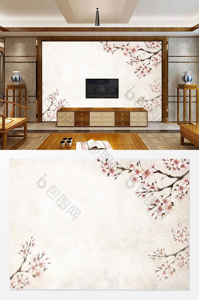 中式水彩梅花电视背景墙图片图片
