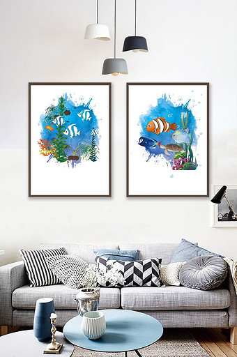 水彩画海底鱼儿创意组合插画两联装饰画图片