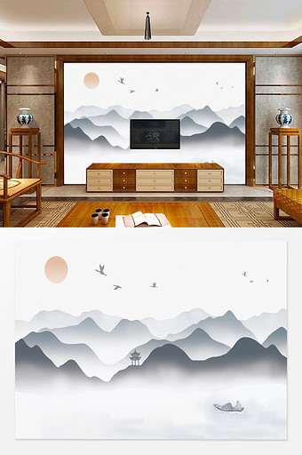 中国风中式手绘水墨山水电视背景墙图片