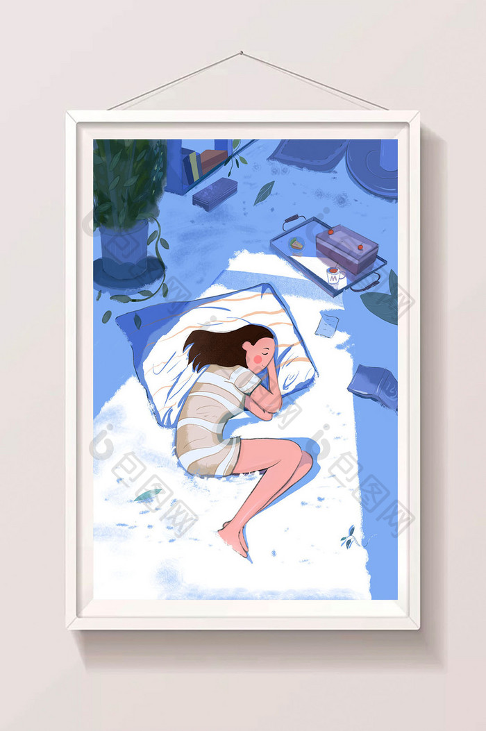 蓝白a房间唯美房间女孩睡觉女生郝瑞欣插画图片