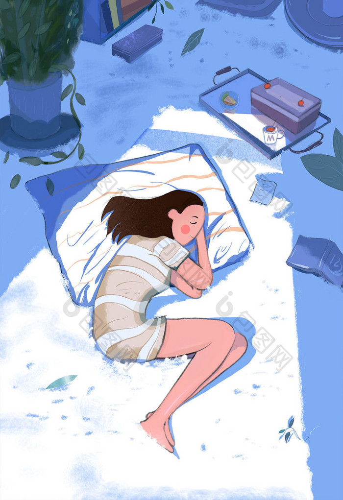 蓝白a插画唯美插画女生睡觉女孩房间从图片