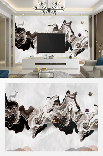 新中式水墨抽象线条山水电视沙发背景墙壁画图片