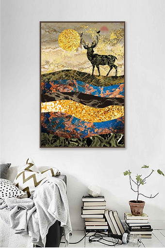北欧现代大理石抽象鹿装饰画图片