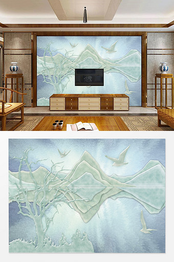 现代中式梦幻蓝色山水玉石浮雕电视背景墙图片