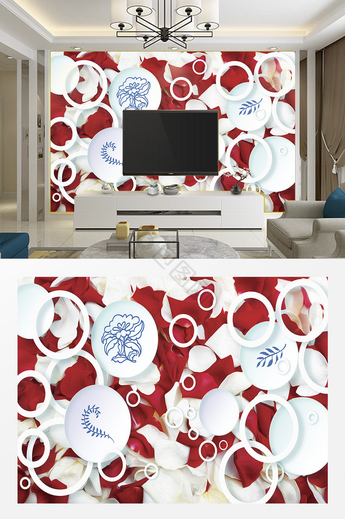 现代浪漫玫瑰花瓣玉瓷圆盘圆构成3D背景墙
