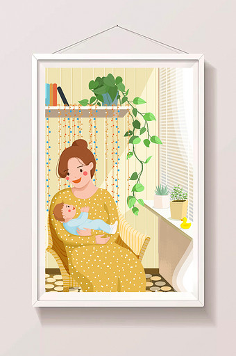 黄色温馨扁平妈妈抱宝宝插画图片