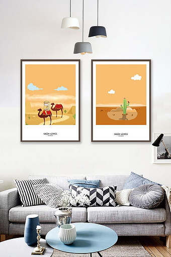沙漠意境图创意插画两联装饰画图片