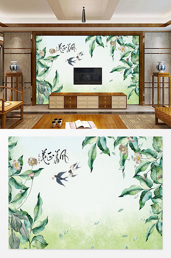 中式水墨花鸟背景墙图片