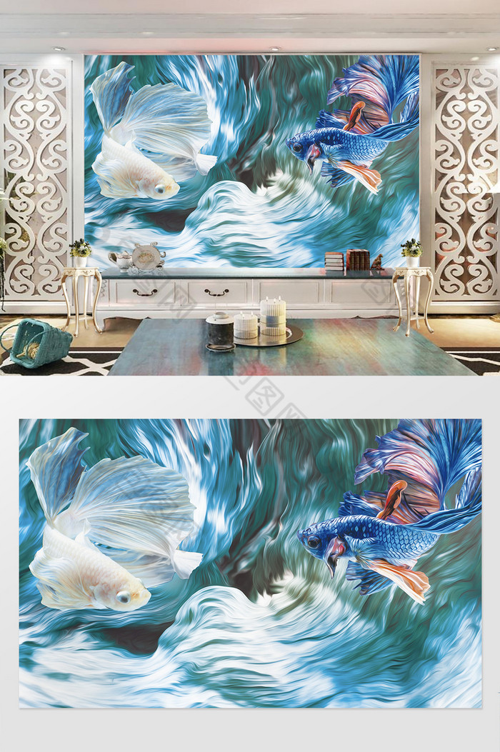 3D创意蓝色白色暹罗斗鱼油画客厅背景墙图片图片