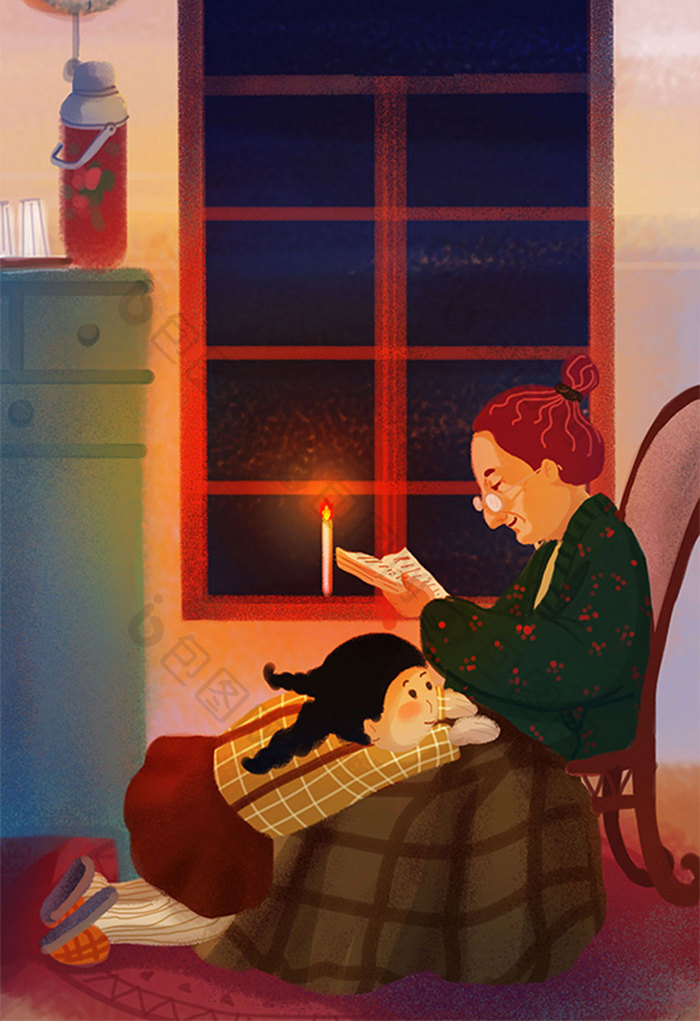 夜晚老奶奶给孙女讲故事插画设计