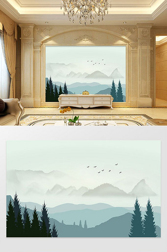 新中式中国风山水风景客厅卧室电视背景墙图片