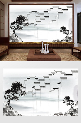 新中式山水风江南人家客厅电视背景墙图片
