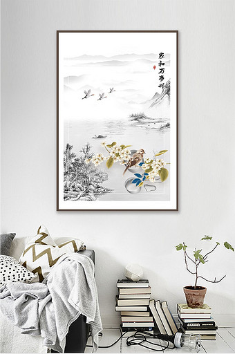 中式山水背景立体梅花一联装饰画图片