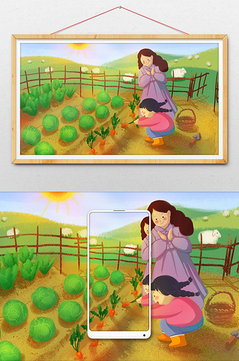 母女游农场亲子游体验插画图片