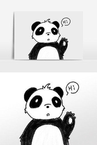 可爱黑白蜡笔风卡通熊猫打招呼手绘元素插画图片