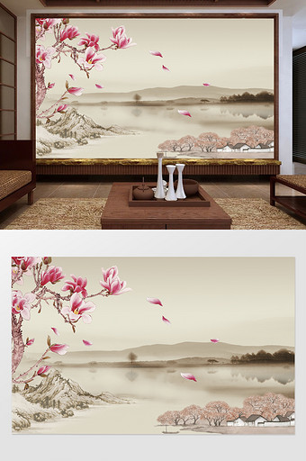水彩墨山水中国现代山水风景背景墙图片