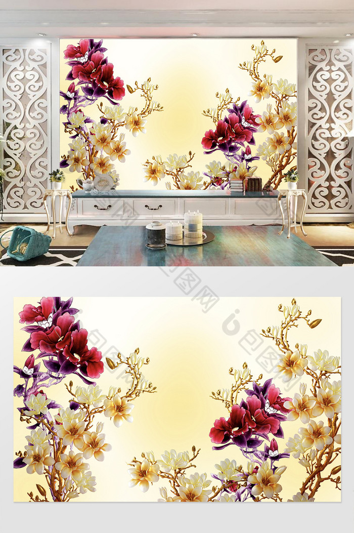大红牡丹金色立体雕花花朵植物背景墙图片图片