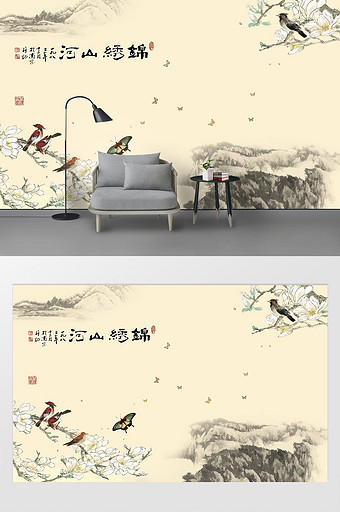 新中式锦绣山河红牡丹鹦鹉山水背景墙图片