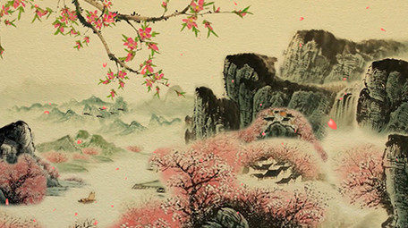 复古黄昏中国风山水画舞台背景视频