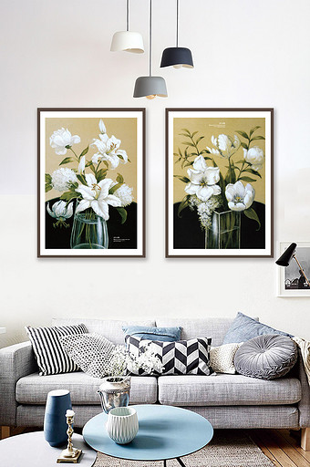 大气黑白油画白色花卉客厅装饰画图片