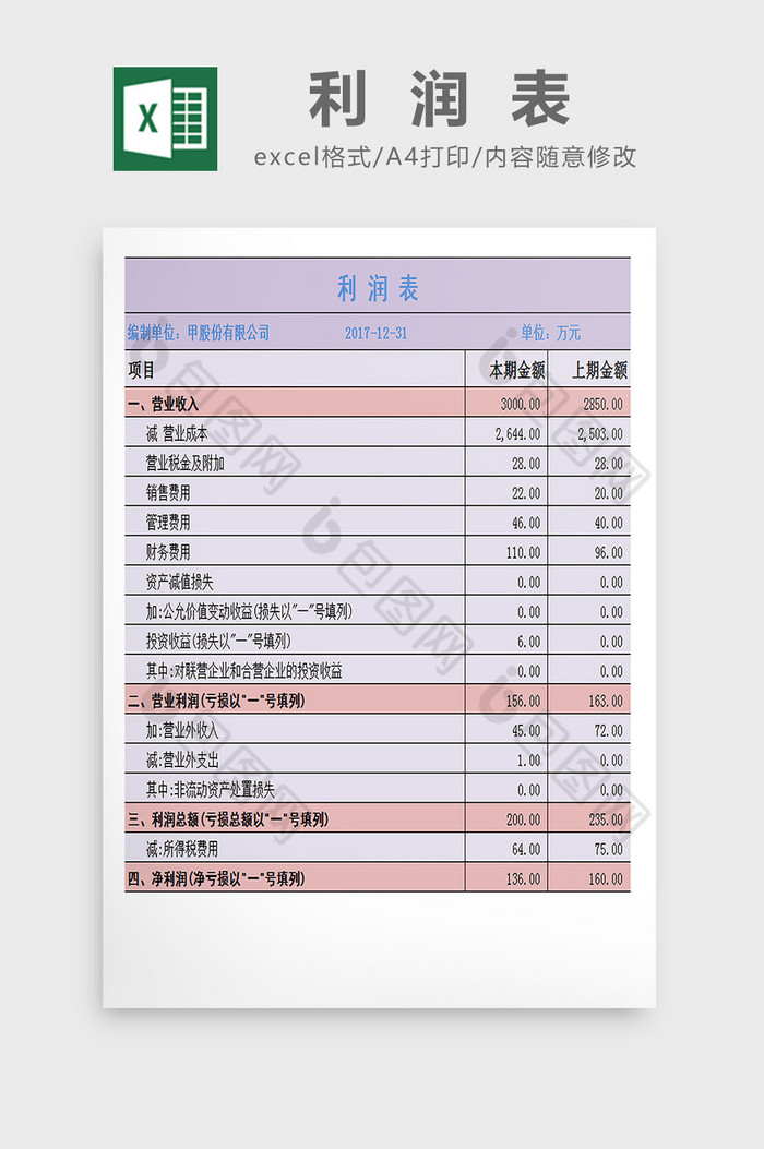 利润表excel模板