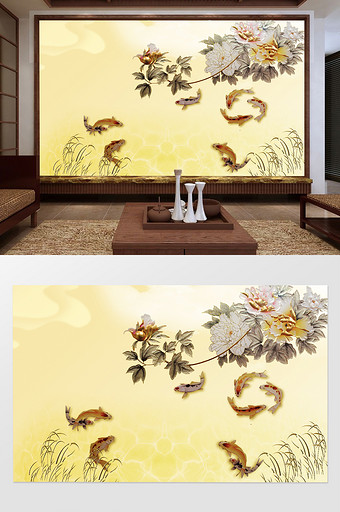 牡丹鱼儿水草植物新中式现代背景墙图片