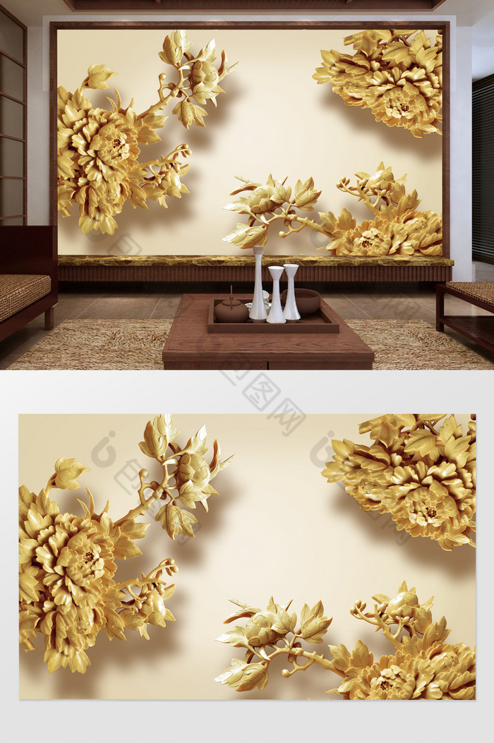 中国特色木雕花开富贵牡丹花背景墙图片图片