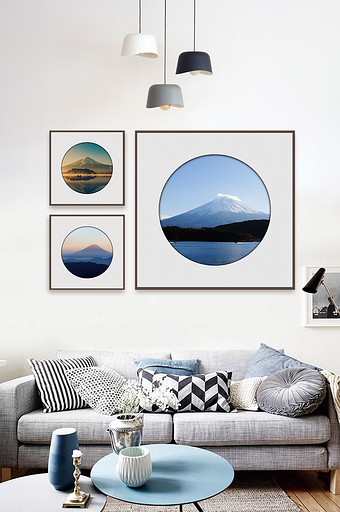 现代简约清新日本富士山摄影三联装饰画图片