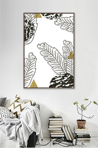 现代简约热带植物装饰画手绘黑白线条墙画图片