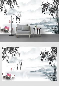 新中式简约水墨竹子山水画电视沙发背景墙