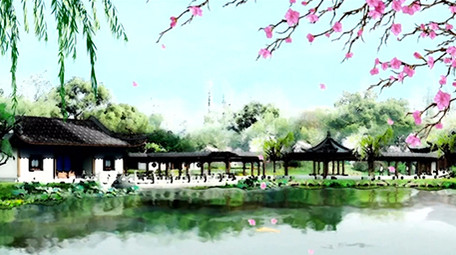 古镇池塘中国风舞台背景视频