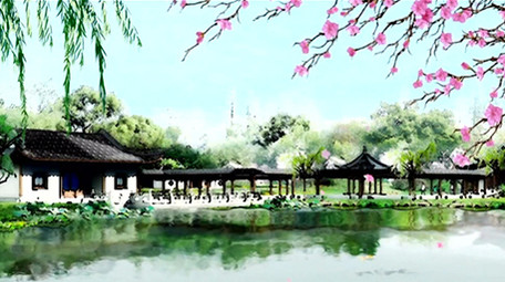 古镇池塘中国风舞台背景视频