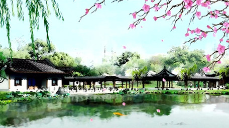古镇池塘中国风舞台背景视频