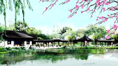 古镇池塘中国风舞台背景视频