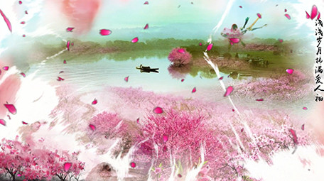 水墨晕染诗词中国风桃花舞台背景视频