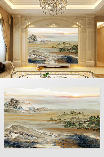 高清3D大理石纹山水花日出背景墙江山如画图片