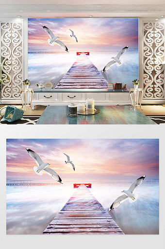 梦幻极蓝天白云海鸥沙滩立体电视背景墙图片