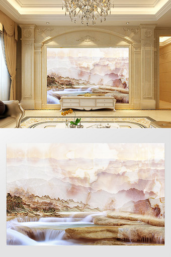 高清3D大理石纹山水花日出背景墙云天飞瀑图片