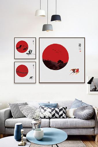 中国风意境红日禅语客厅办公三联装饰画图片