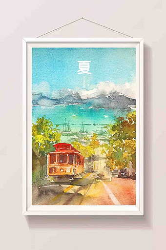 清新暖色调夏日公路海景风景水彩手绘插画图片