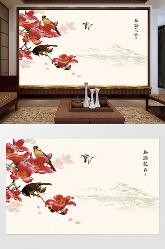 木棉花的春天喜鹊鸟儿背景墙图片