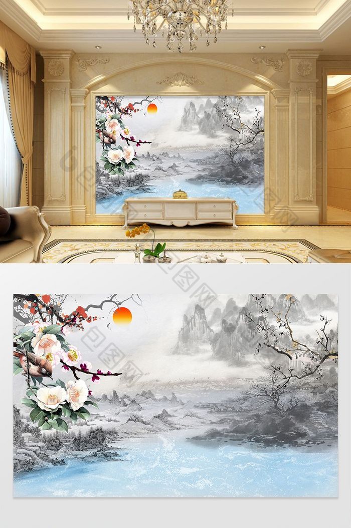 高清3D大理石纹山水花日出背景墙大美山河图片图片