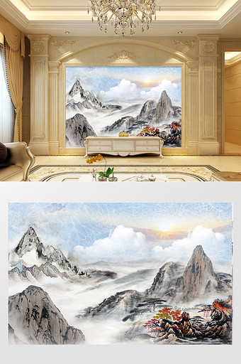 高清3D大理石纹山水花日出背景墙云天九歌图片